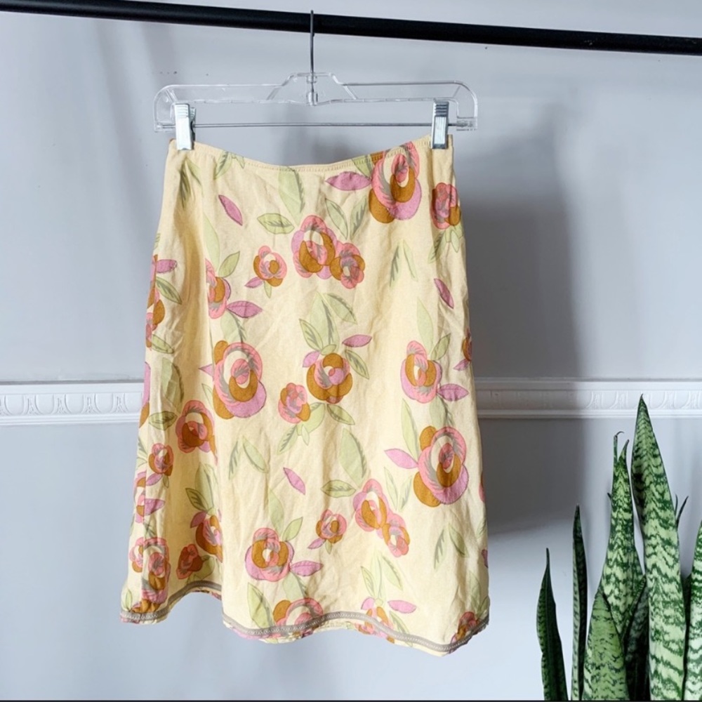+ Vintage Pale Yellow Bold Floral Print A-line Mini Skirt Tencel XS